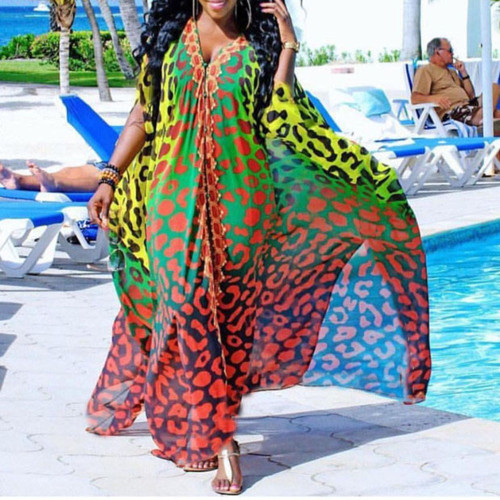 Print Leopard Colorful Slit V Neck Loose Maxi Dress