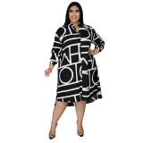 Plus Size Print Black Long Sleeve Shirt Dress