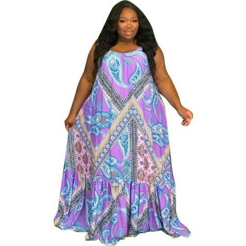 Plus Size Print Purple Loose Strap Long Casual Dress
