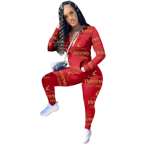 All Over Letter Print Red Zipper Tracksuit