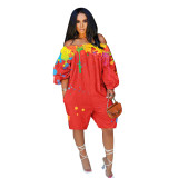 Off Shoulder Paints Print Red Loose Rompers