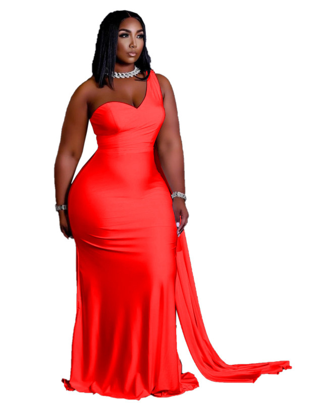 Red One Shoulder Mermaid Maxi Dress