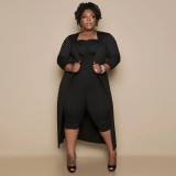 Plus Size Black Ruched Jumpsuit and Cardigan Two Piece Set