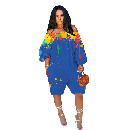 Off Shoulder Paints Print Blue Loose Rompers