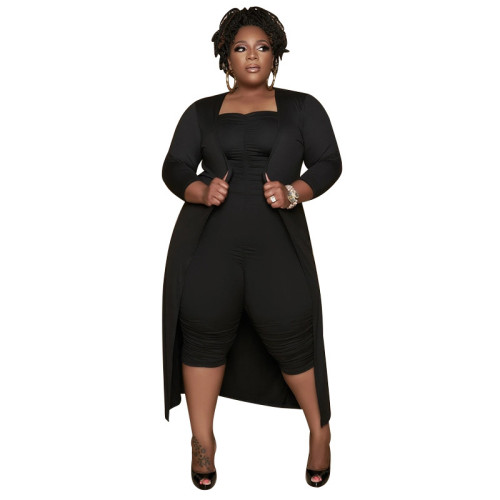 Plus Size Black Ruched Jumpsuit and Cardigan Two Piece Set