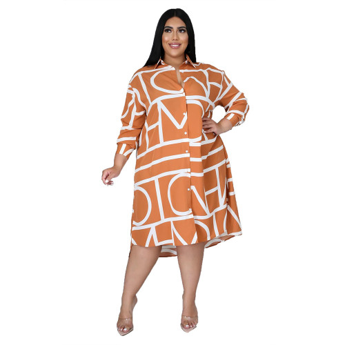 Plus Size Print Light Orange Long Sleeve Shirt Dress