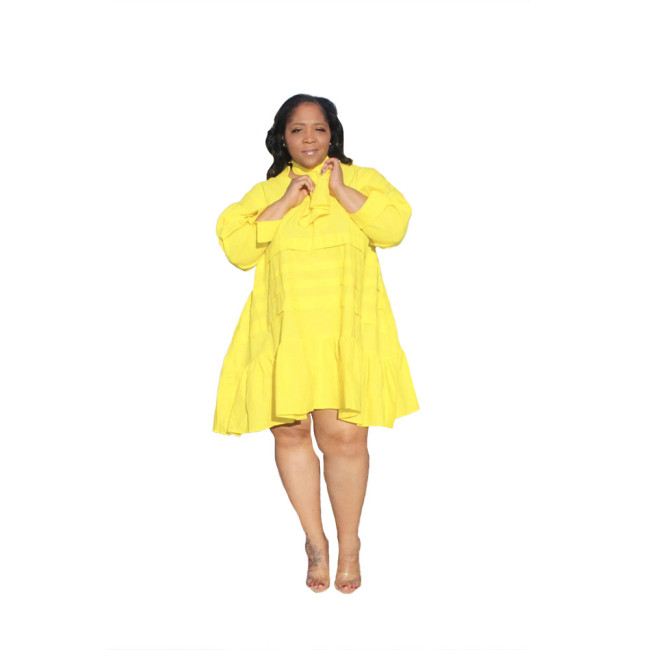 Plus Size Yellow V-Neck Loose A Line Dress