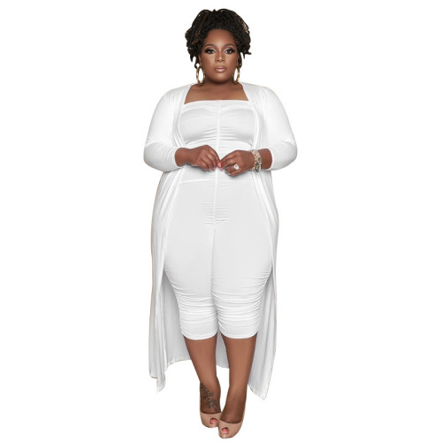 Plus Size White Ruched Jumpsuit and Cardigan Two Piece Set