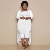 Plus Size White Ruched Jumpsuit and Cardigan Two Piece Set