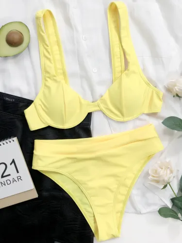 Yellow Wide Straps Two Piece Swimwear