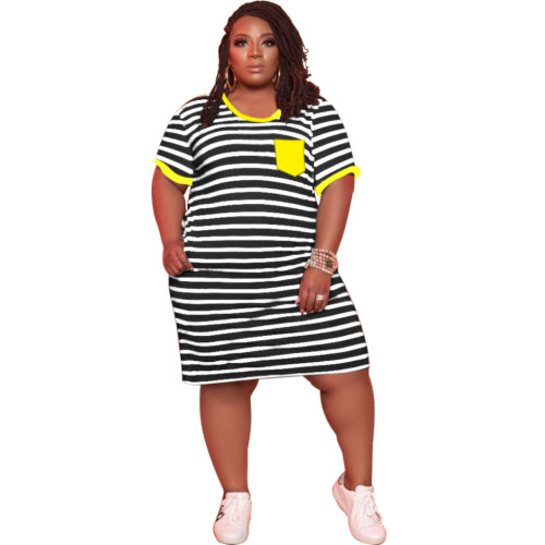 Plus Size Striped T-Shirt Dress with Contrast Pocket