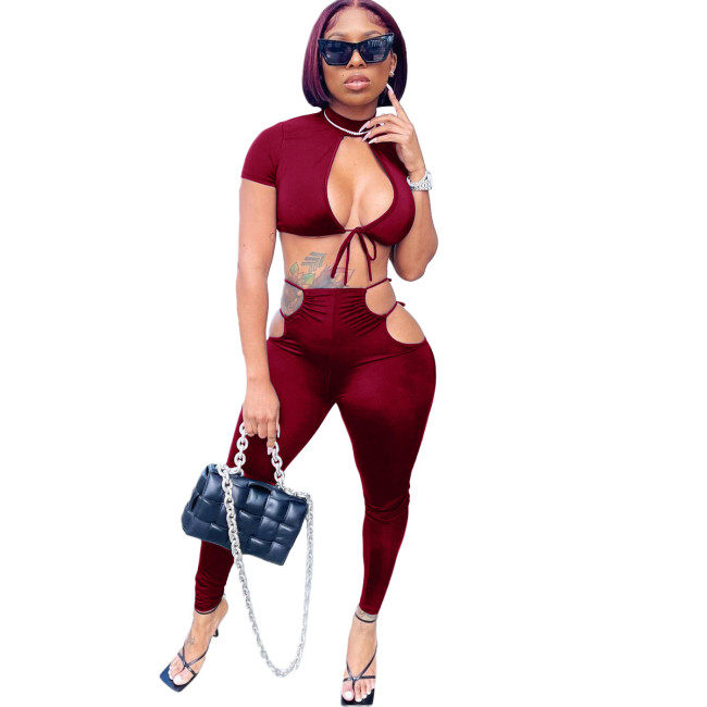 Burgundy Short Sleeve Cut Out Crop Top and Pants 2PCS Set