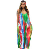 Red Oriented Colorful Loose Maxi Dress with Belt