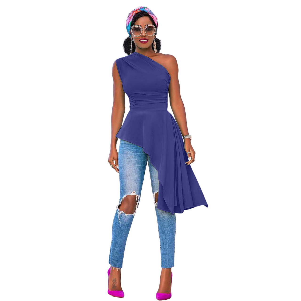 Blue One Shoulder Irregular Ruffle Peplum Top On Sale For ...