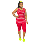 Plus Striped Red Tank Top & Solid Shorts Set