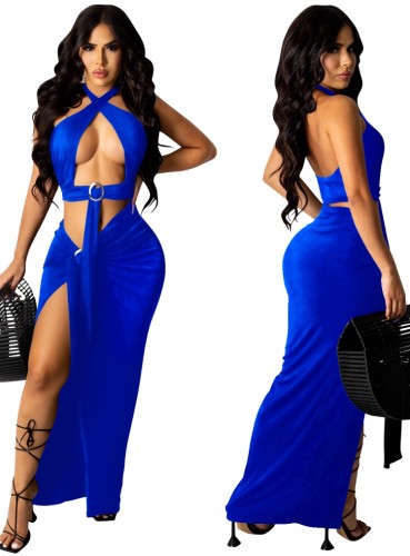 Blue Sexy O-Ring Halter Crop Top and Slit Long Skirt Set