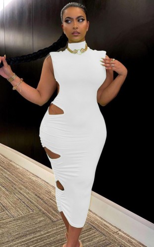 Sexy White Cut Out High Neck Sleeveless Bodycon Midi Dress