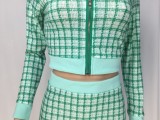 Long Sleeve Plaid Zip Up Crop Top and Mini Skirt Set