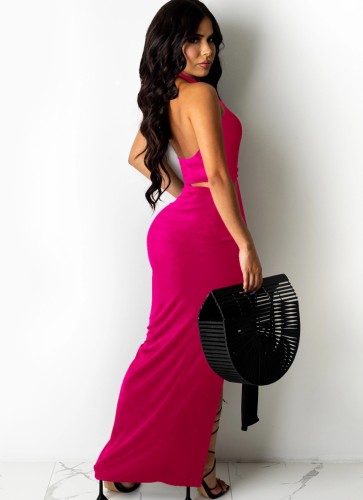 Hot Pink Sexy O-Ring Halter Crop Top and Slit Long Skirt Set