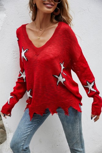 Starfish V-Neck Long Sleeve Sexy Red Sweater