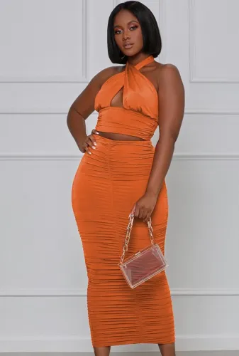 Orange Wrap Halter Crop Top and Ruched Midi Skirt 2PCS Set