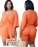 Plus Size Sexy Orange Top and Shorts Casual 2PCS Set
