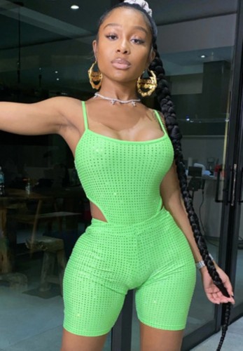 Green Shiny Sexy Strap Bodysuit and Shorts Two Piece Set