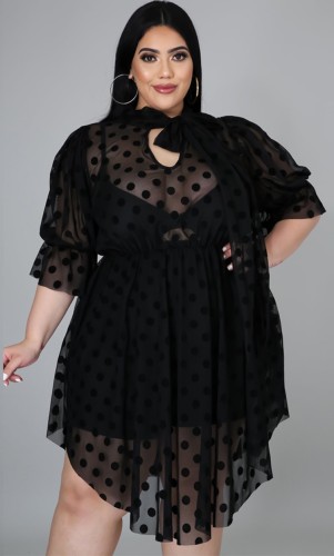 Plus Size Black Dotted Irregular Vintage Dress