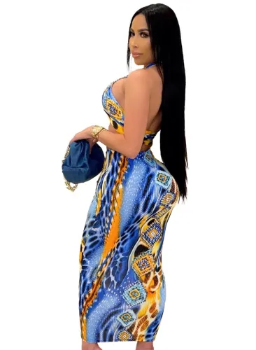 Leopard Print Halter Wrap Crop Top and Midi Skirt 2pcs Set