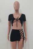 Sexy Black Tie Front Crop Top & Lace Up Mini Skirt Set