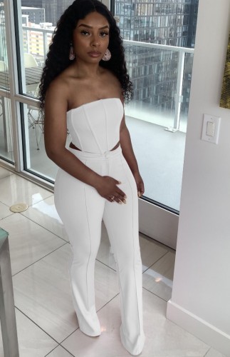 White Sexy Strapless Crop Top and Pants 2PCS Set