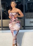 Print Sexy Strapless Top and Midi Skirt Two Pieces