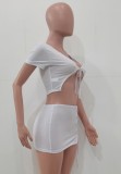 Sexy White Tie Front Crop Top & Lace Up Mini Skirt Set