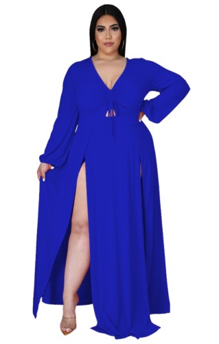 Plus Size Blue Long Sleeve Double Slit Maxi Dress