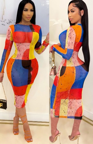 Sexy Multicolor Long Sleeve Midi Bodycon Dress