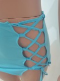 Sexy Blue Tie Front Crop Top & Lace Up Mini Skirt Set