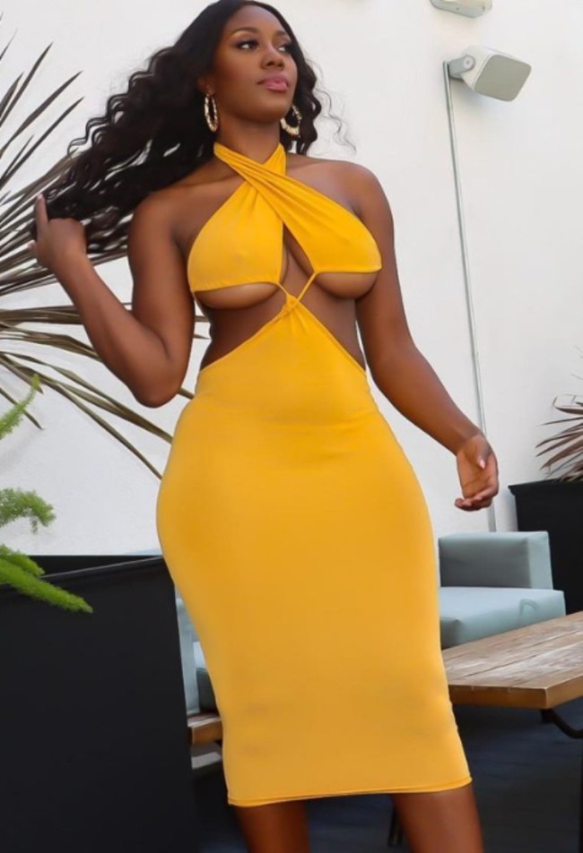 Yellow Sexy Halter Cross Neck Cut Out Bodycon Midi Dress