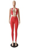 Contrast Red Sexy Lace-Up Crop Tank and Pants Set