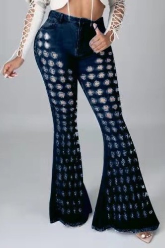 Blue Hollow Out Bell Bottom Jeans