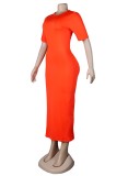 Orange Bodycon Round Neck Midi Dress
