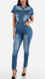 Sexy Blue Zip Up Short Sleeve Fitted Denim Jumpsuit