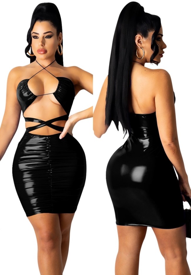 Black Patent PU Leather Cut Out Halter Bodycon Dress