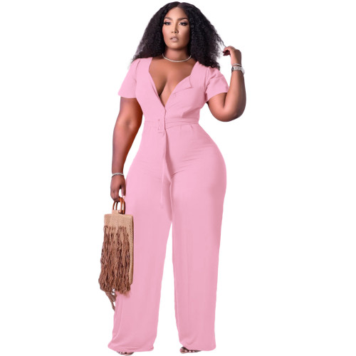 Pink Button Up Wide Leg Jumpsuit with Belt