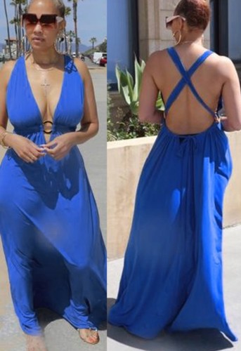 Sexy Blue O-Ring Deep-V Cross Back Maxi Dress