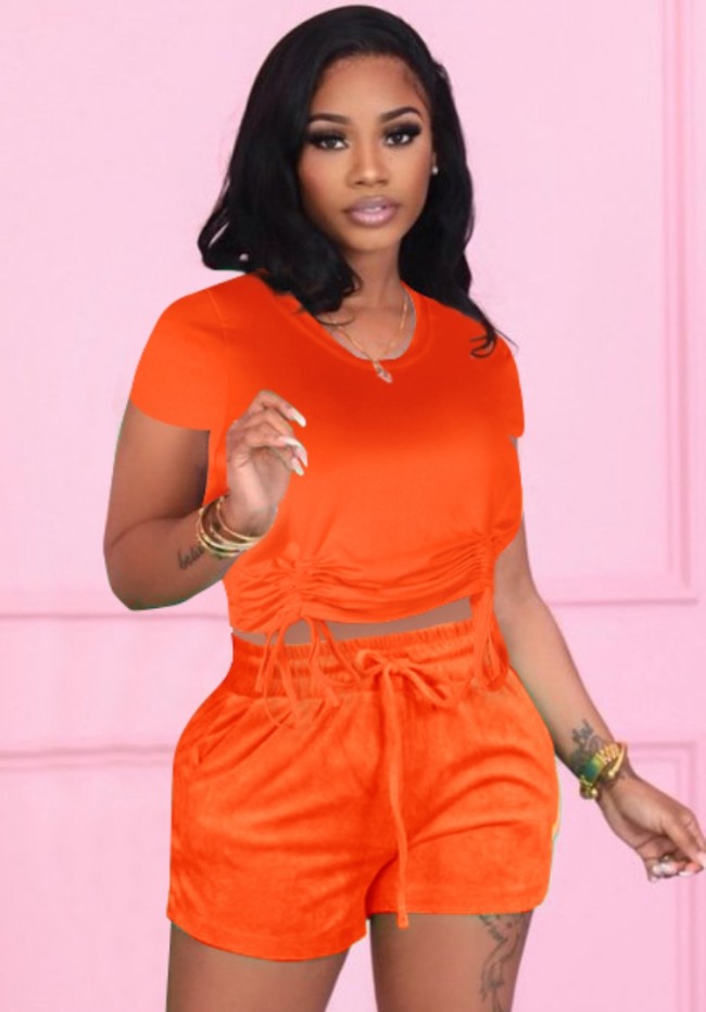 Leisure Orange Drawstrings Crop Top and Shorts 2PCS Set