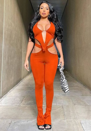 Orange Halter Cut Out Sexy Club Top and Pants Two Piece Set