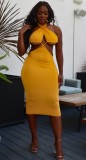 Yellow Sexy Halter Cross Neck Cut Out Bodycon Midi Dress