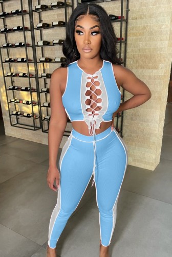 Contrast Blue Sexy Lace-Up Crop Tank and Pants Set