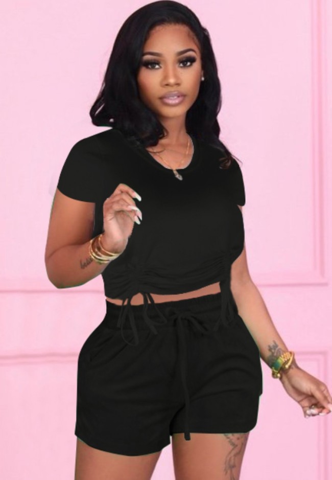 Leisure Black Drawstrings Crop Top and Shorts 2PCS Set