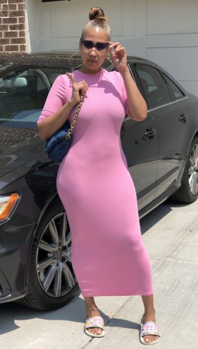 Pink Bodycon Round Neck Midi Dress